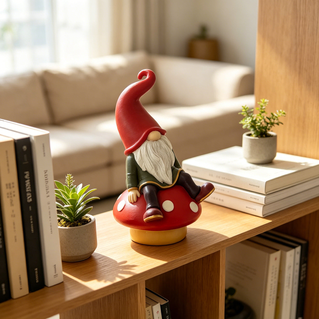 Gnome Statue Sitting on Red Mushroom, Hand-Painted Garden Gnome Figurine, Cute Faceless Dwarf Elf Ornament for Home Shelf Table Fireplace Decor, Christmas Thanksgiving Holiday Gift