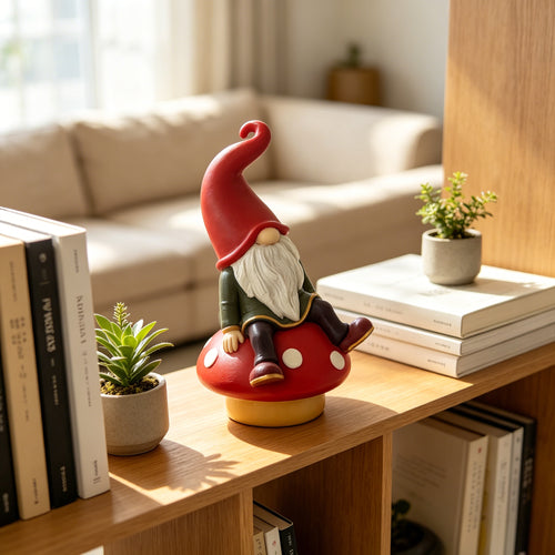Gnome Statue Sitting on Red Mushroom, Hand-Painted Garden Gnome Figurine, Cute Faceless Dwarf Elf Ornament for Home Shelf Table Fireplace Decor, Christmas Thanksgiving Holiday Gift